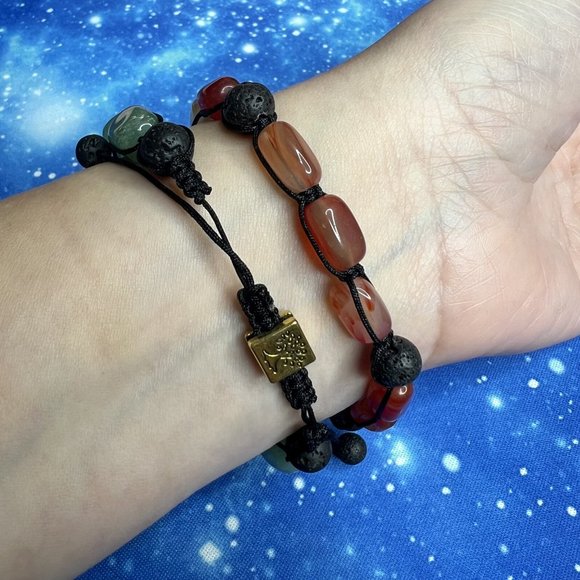 Unisex Red Agate Stone & Black Lava Rock Beaded Adjustable Braided Rope Bracelet - Picture 6 of 6